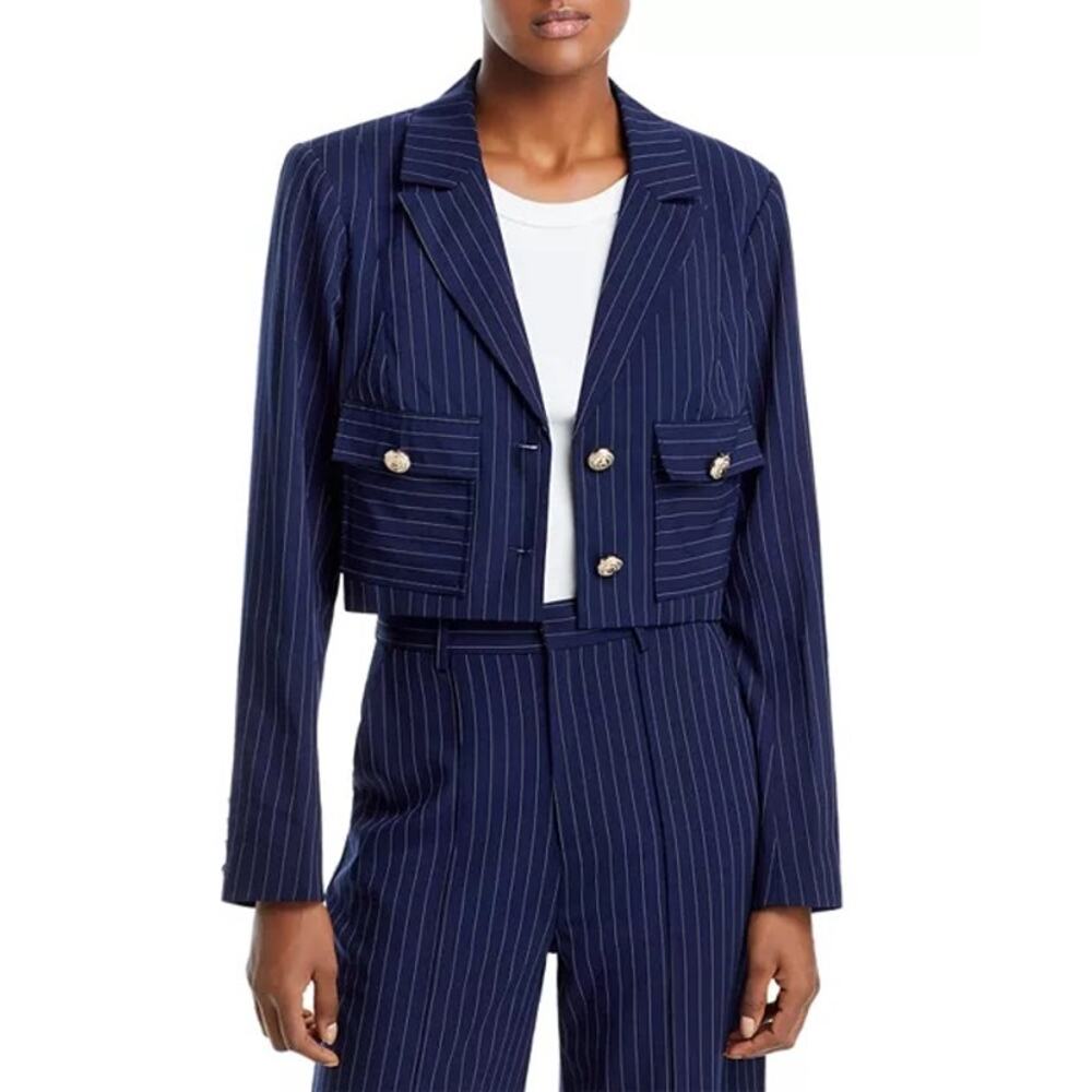 NWT AQUA Pinstripe Twill Cropped Blazer Navy Medium Preppy Academia Career Women